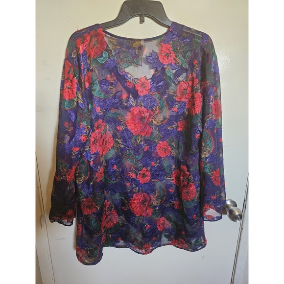Victoria's Secret S PJ Top Red Purple Floral Sheer Gold Label Vintage Blouse - Picture 4 of 7
